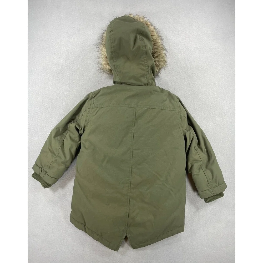Eddie Bauer Down Parka Boys Faux Fur Hood Olive Green Size 2T With Gloves